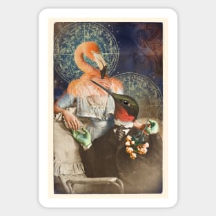 Lovebirds Hummingbird and Flamingo old timey Victorian daguerrotype astrological mystical portrait Sticker